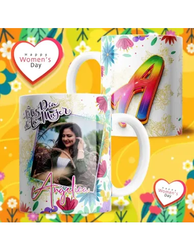 Taza Feliz Día de la Mujer personalizada con foto, inicial y nombre. Un regalo único y especial.