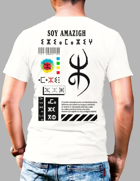 Camiseta Soy Amazigh mostrando collage amazigh DTF (espalda)